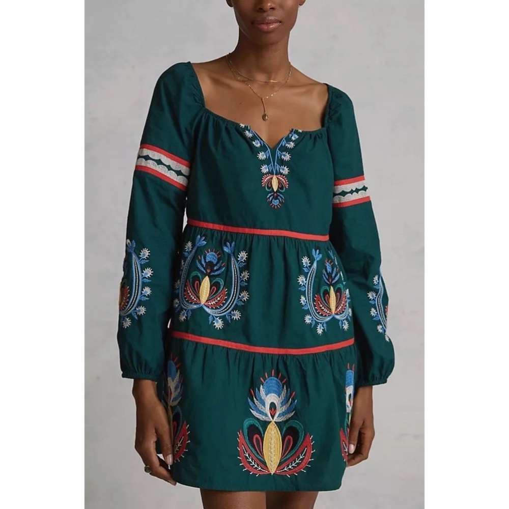 Anthropologie Let Me Be Embroidered Tunic Dress Ruffled